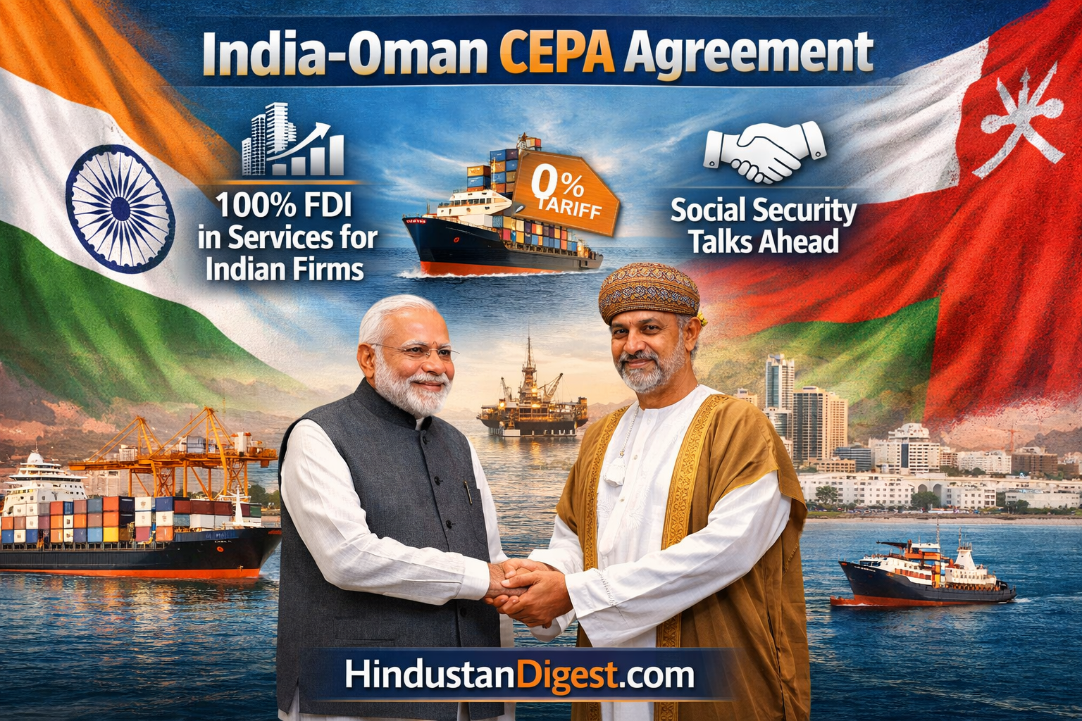 India-Oman CEPA Grants 100% FDI to Indian Firms in Key Services, Paves Way for Social Security Talks and Deepens Strategic Economic Ties.
