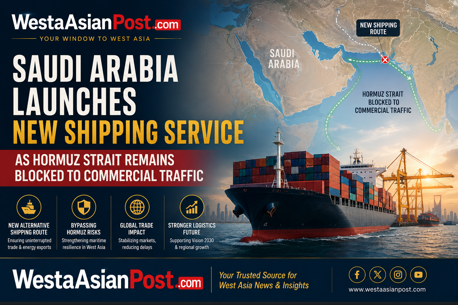 Saudi Arabia Launches New Shipping Service as Hormuz Strait Remains Blocked to Commercial Traffic: Implications for Global Trade and West Asia.